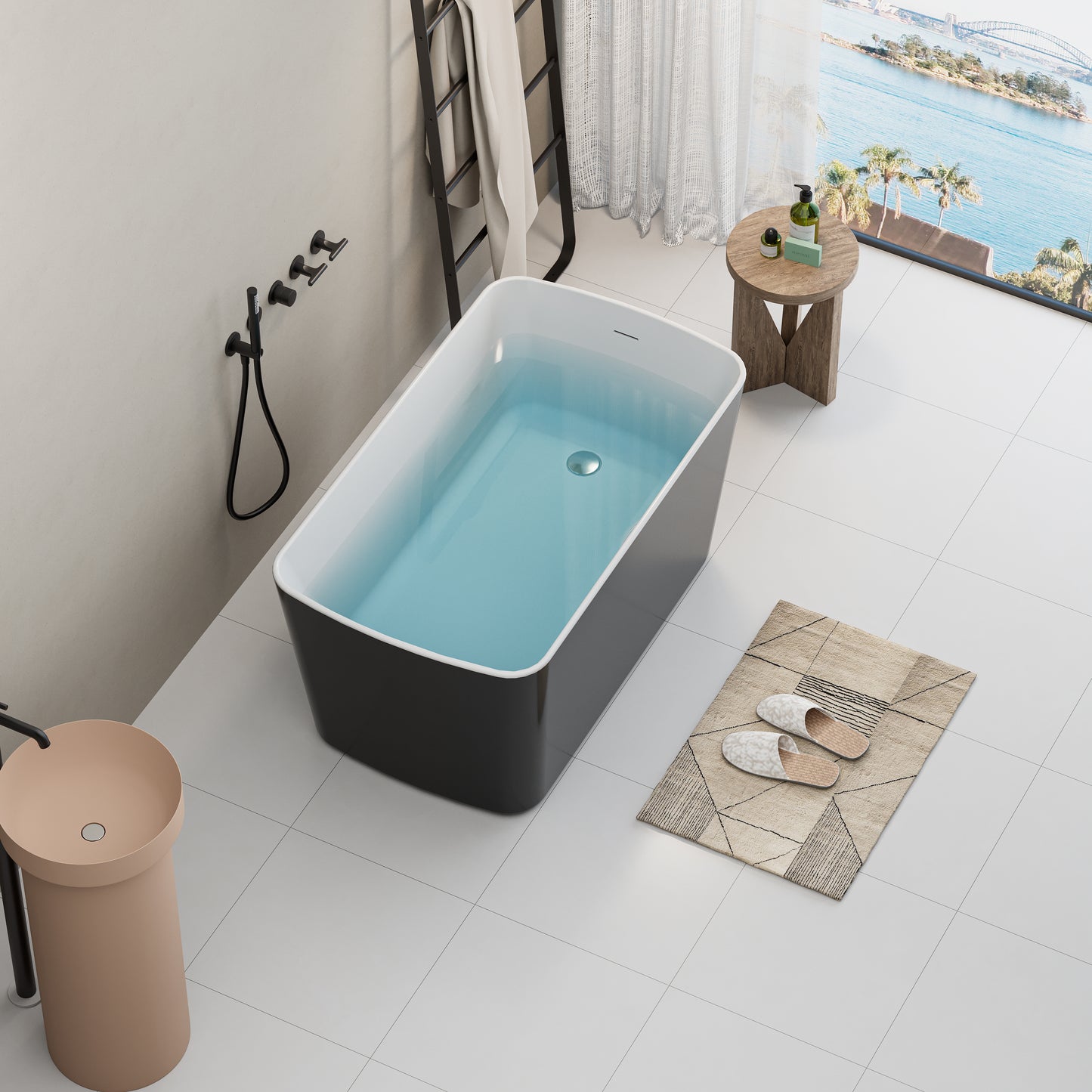 49" Acrylic Freestanding Japanese Soaking Bathtub, Glossy White/Black