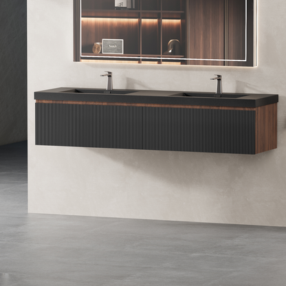 72" Liner - Floating Bathroom Vanity Integrated Double Basin Smoked Walnut & lnk Black
