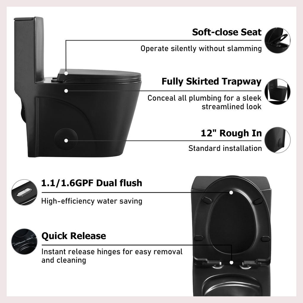One-Piece Ceramic Toilet, Dual-Flush 1.1/1.6 GPF, Adjustable 0.8/1.28 GPF, Comfort Height Elongated, Soft-Close, Matte Black
