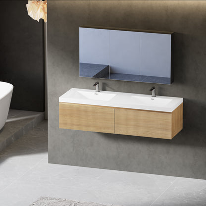 60" Liner - Floating Bathroom Vanity Integrated Double Sink Basin Natural Oak