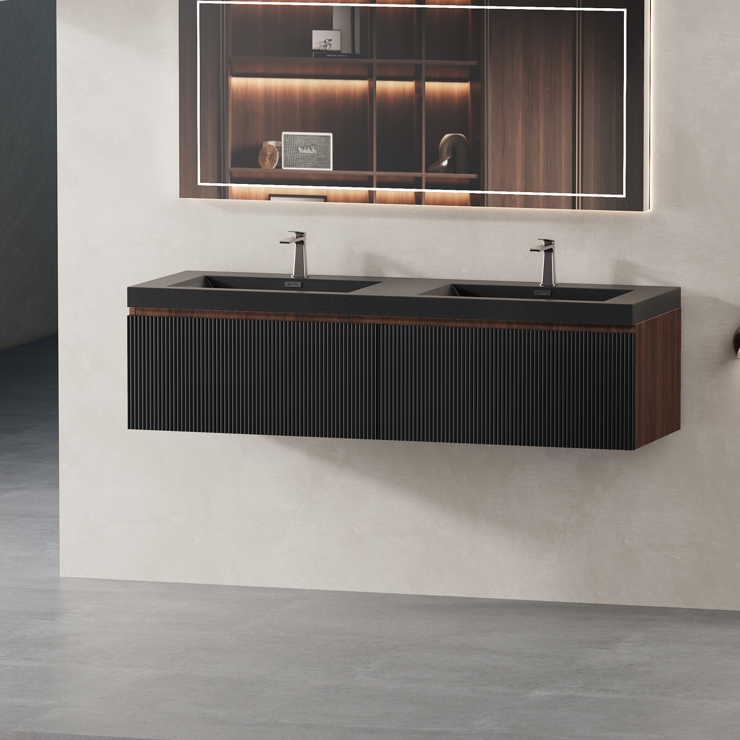 60" Liner - Floating Bathroom Vanity Integrated Double Basin Smoked Walnut & lnk Black