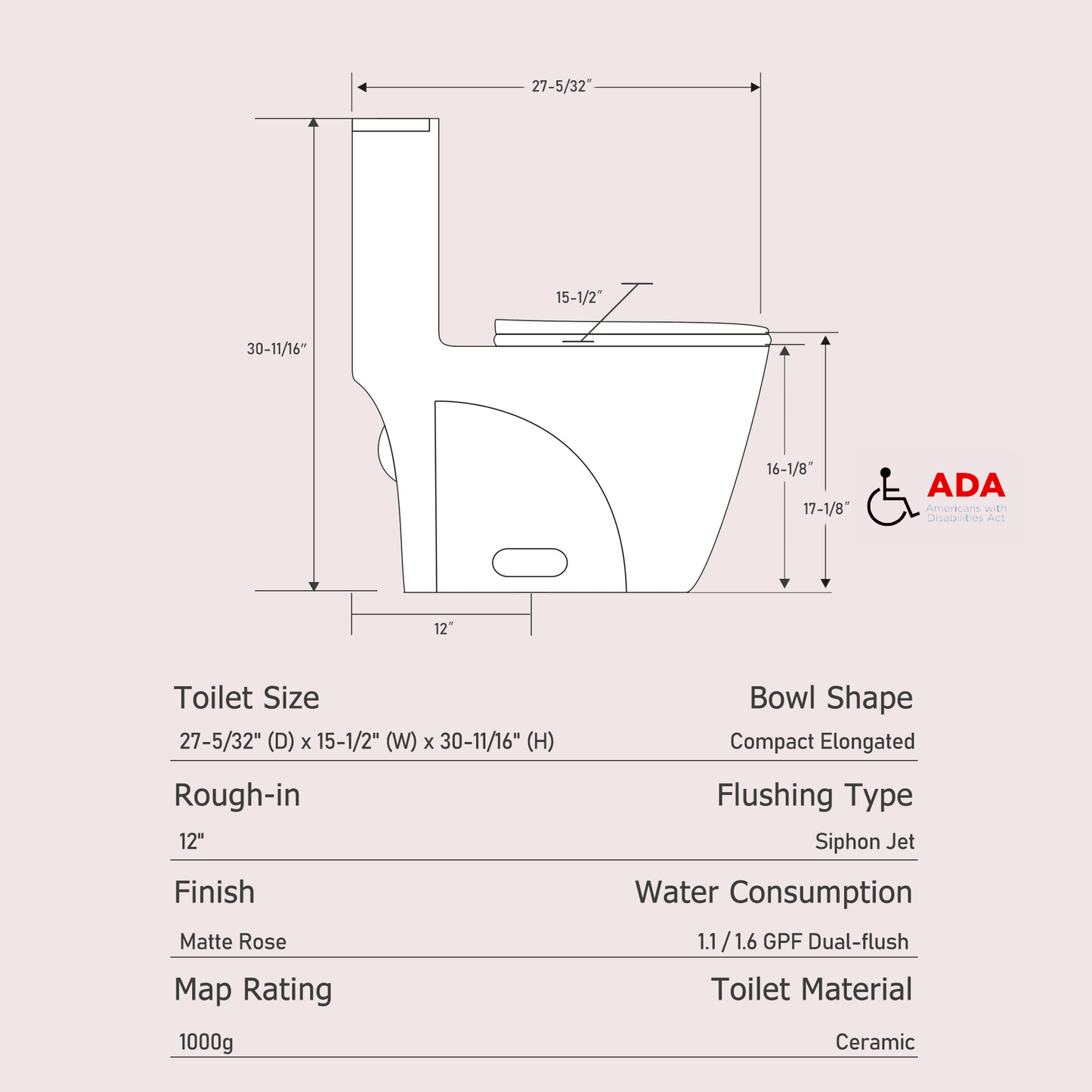 One-Piece Toilet T01, Dual Flush 1.1/1.6 GPF Matte Rose