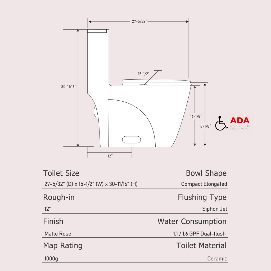 Dual-Flush Ceramic One-Piece Toilet 1.1/1.6 GPF, Water-Saving Elongated Comfort Height Bowl, Soft-Close Seat, Pink