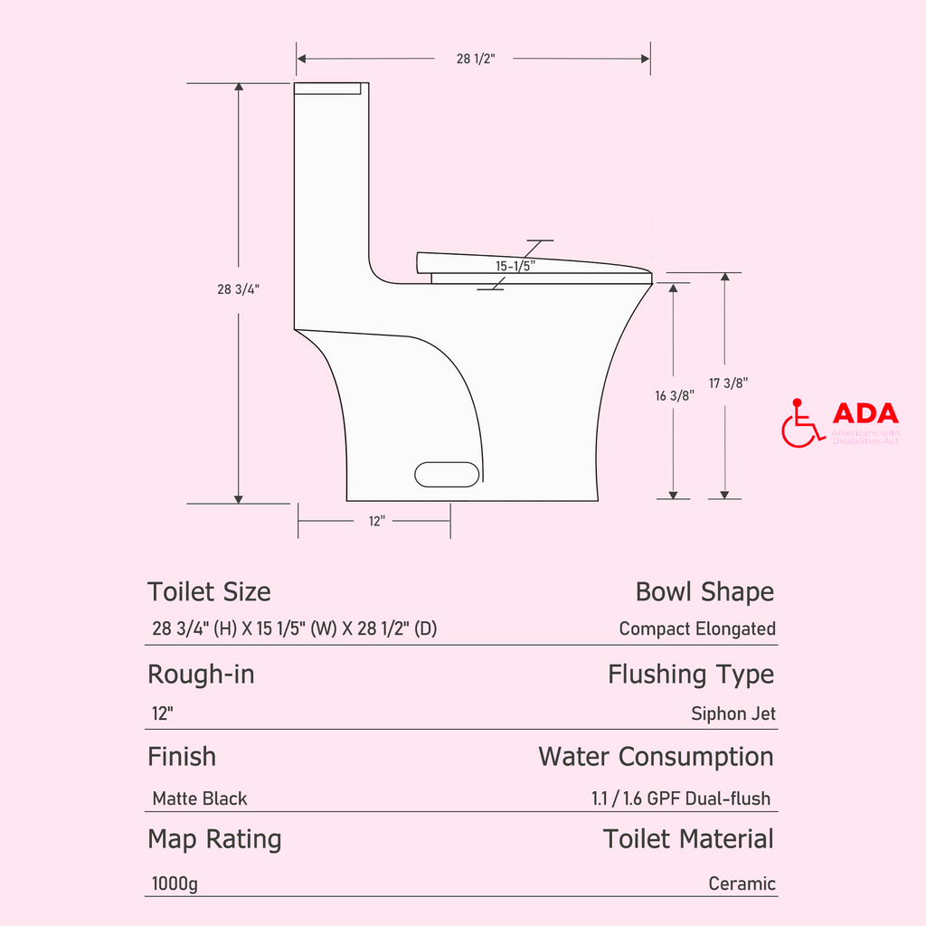 One-Piece Ceramic Toilet, Dual-Flush 1.1/1.6 GPF, Adjustable 0.8/1.28, Elongated Comfort Height, Soft-Close, Matte Black