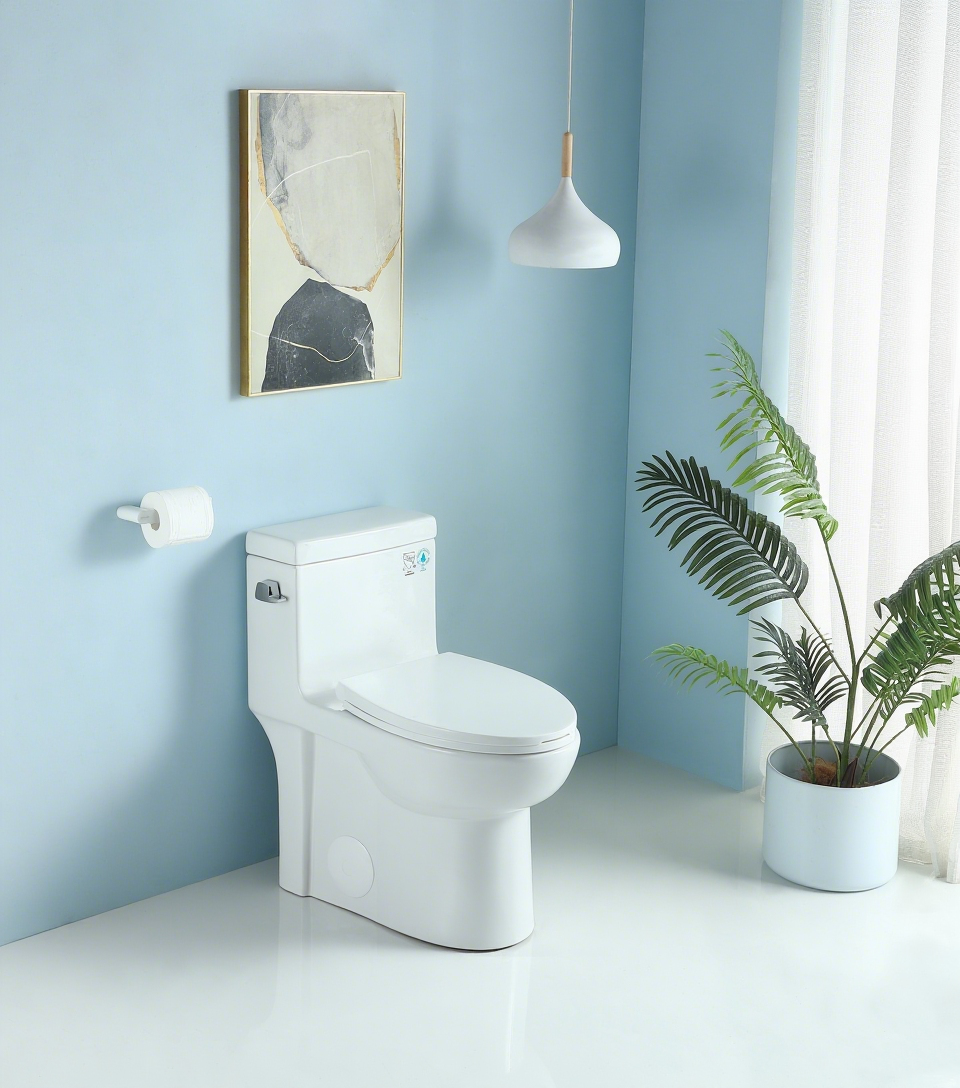 Ceramic One-Piece Toilet, 1.28 GPF Single-Flush, Comfort Height Elongated Bowl, Soft-Close Seat, Glossy White