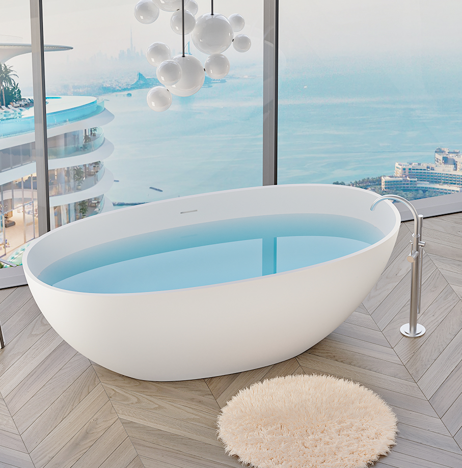 65" Freestanding Solid Surface Bathtub, Luxury Stone Resin Soaking Tub, Overflow & Drain, Matte White