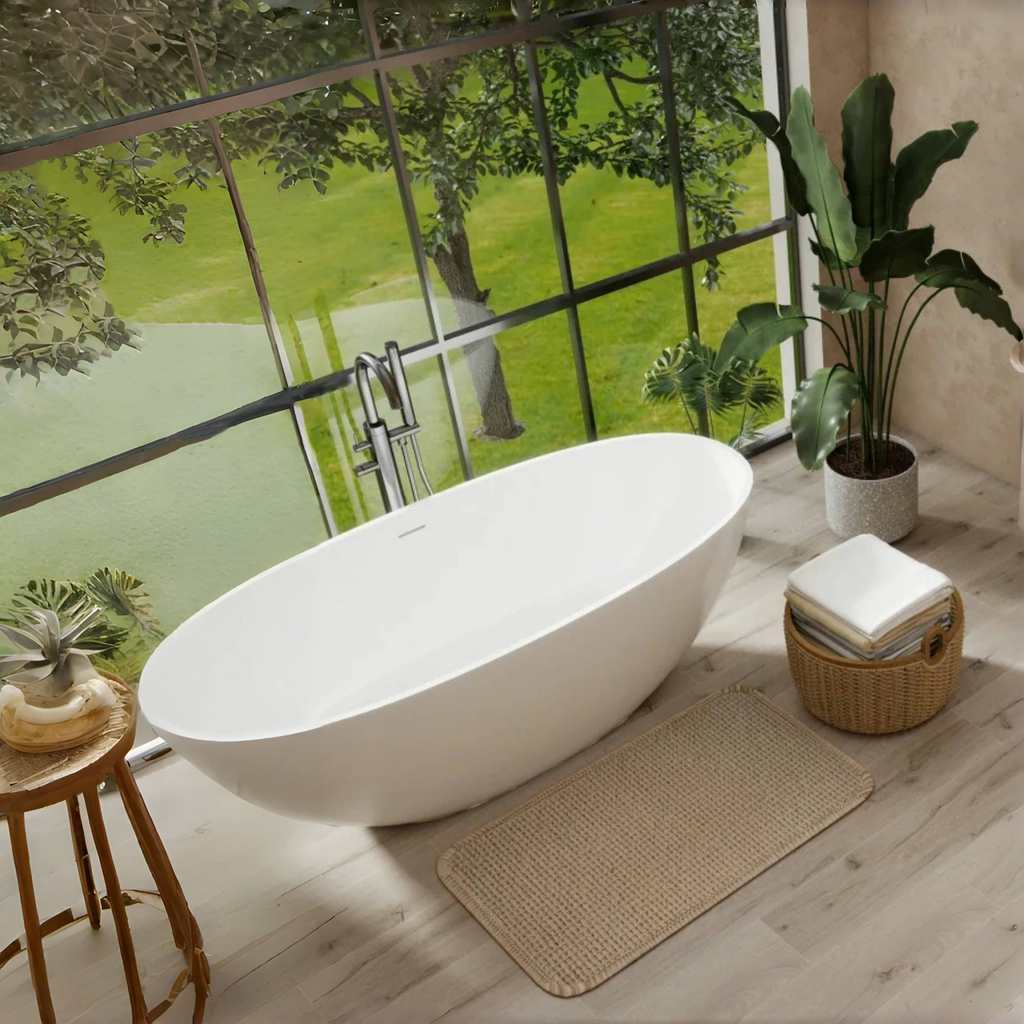 65" Freestanding Solid Surface Bathtub, Luxury Stone Resin Soaking Tub, Overflow & Drain, Glossy White