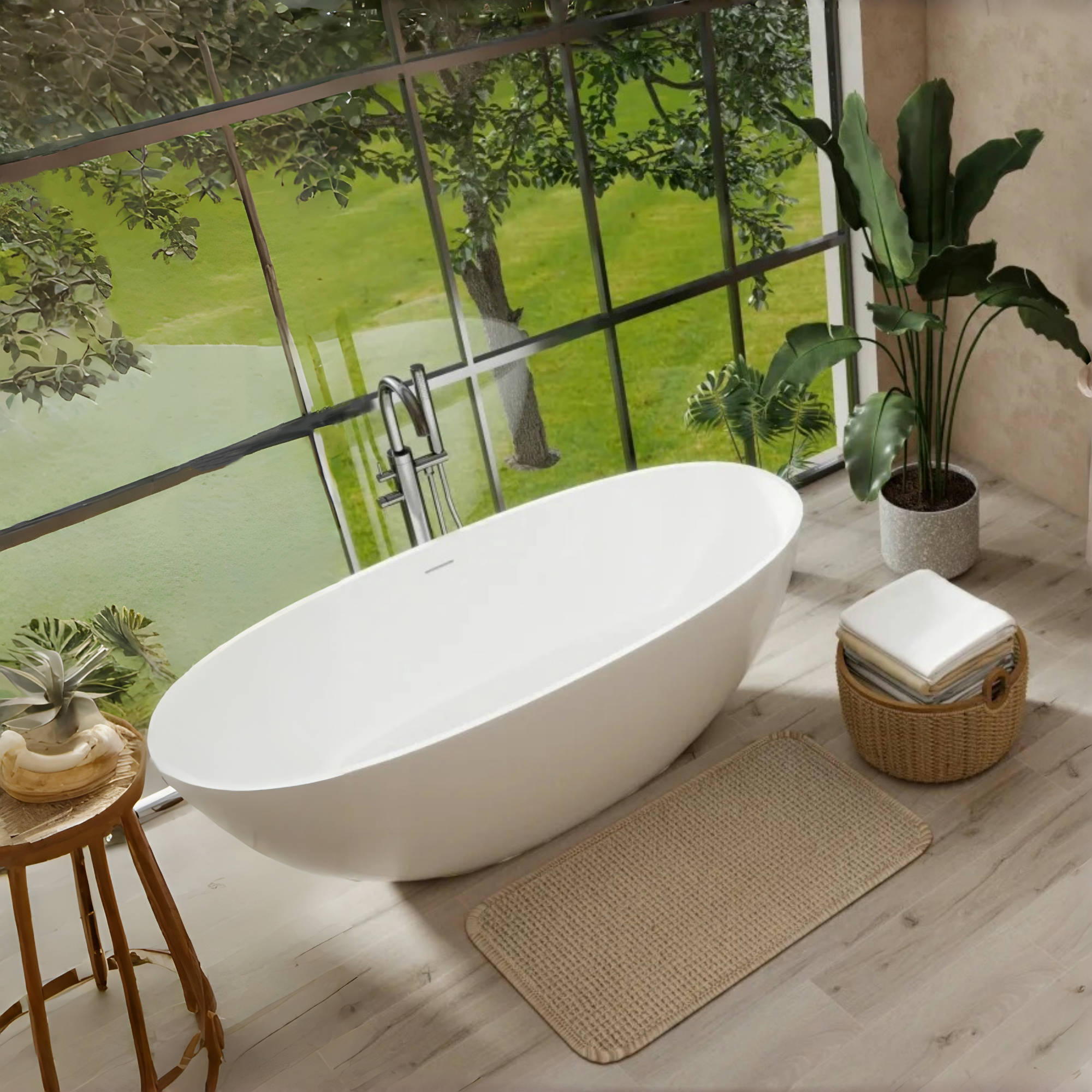 65" Freestanding Solid Surface Bathtub, Luxury Stone Resin Soaking Tub, Overflow & Drain, Glossy White