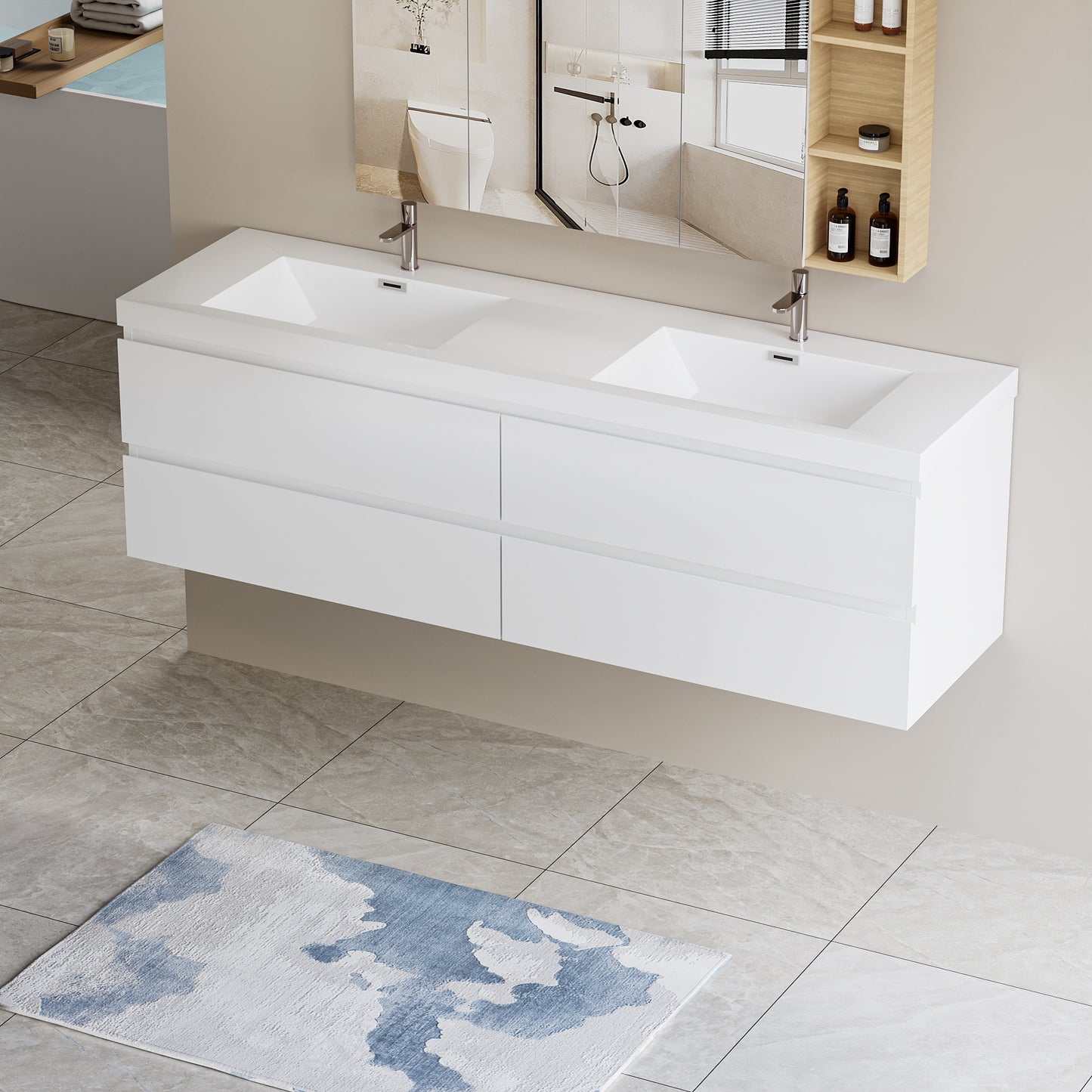 72" Angela - Floating Bathroom Vanity Double Sink Glossy White
