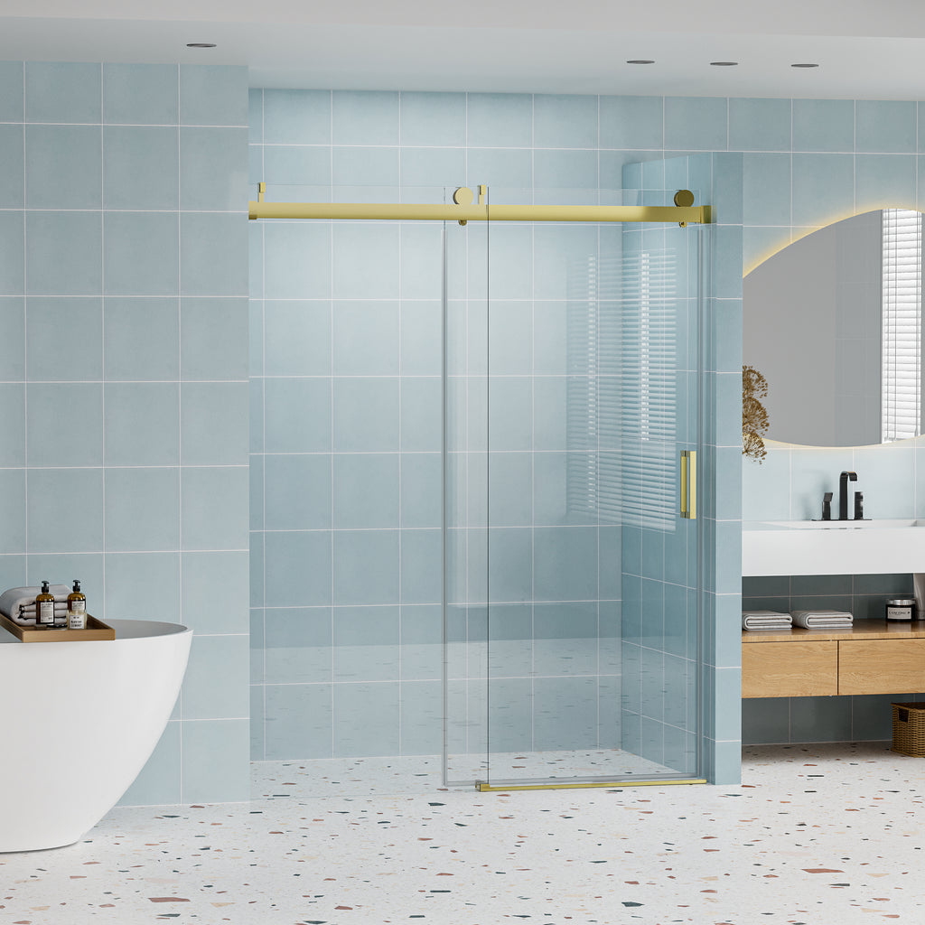 56–60" W x 76" H Frameless Soft-Closing Sliding Shower Door, 1/4" Tempered Glass, Gold