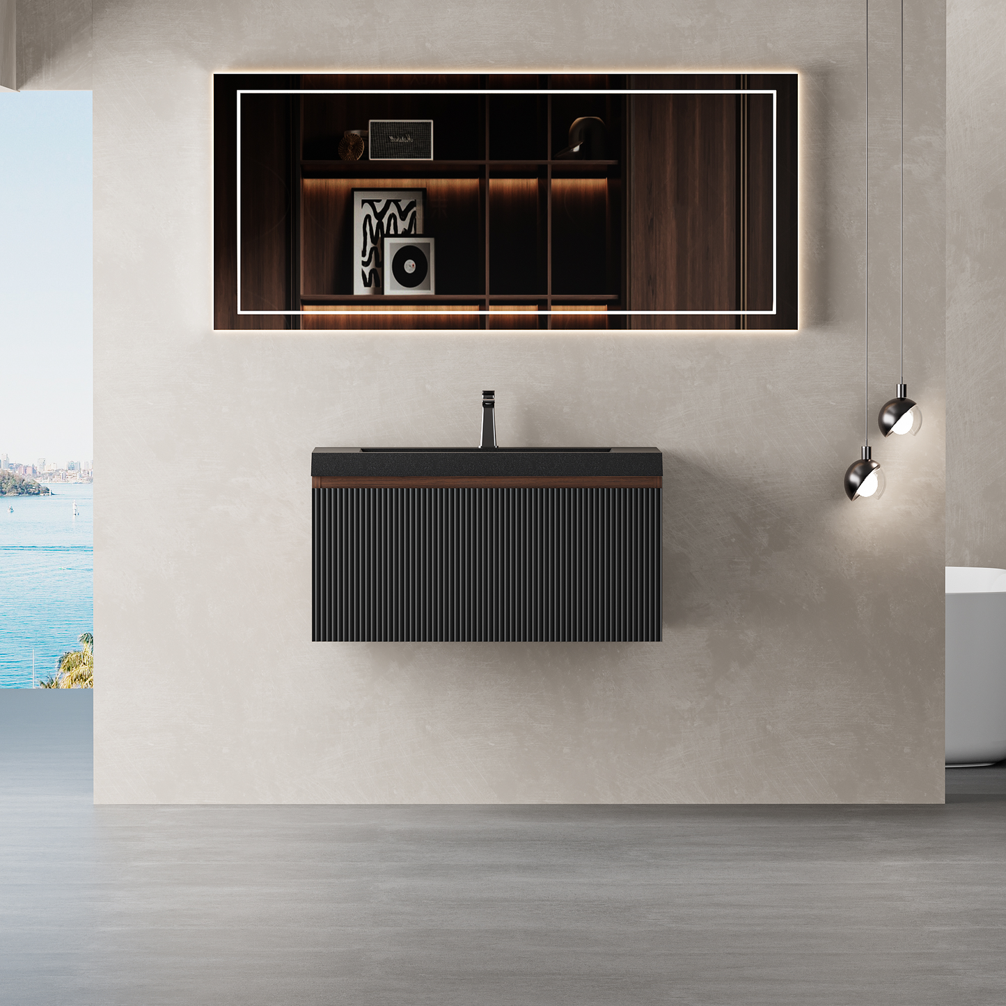 30" Liner - Floating Bathroom Vanity Smoked Walnut & lnk Black