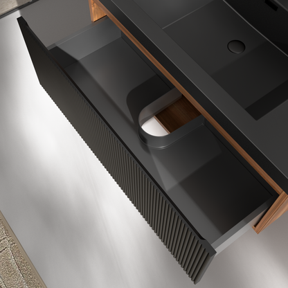72" Liner - Floating Bathroom Vanity Integrated Double Basin Smoked Walnut & lnk Black