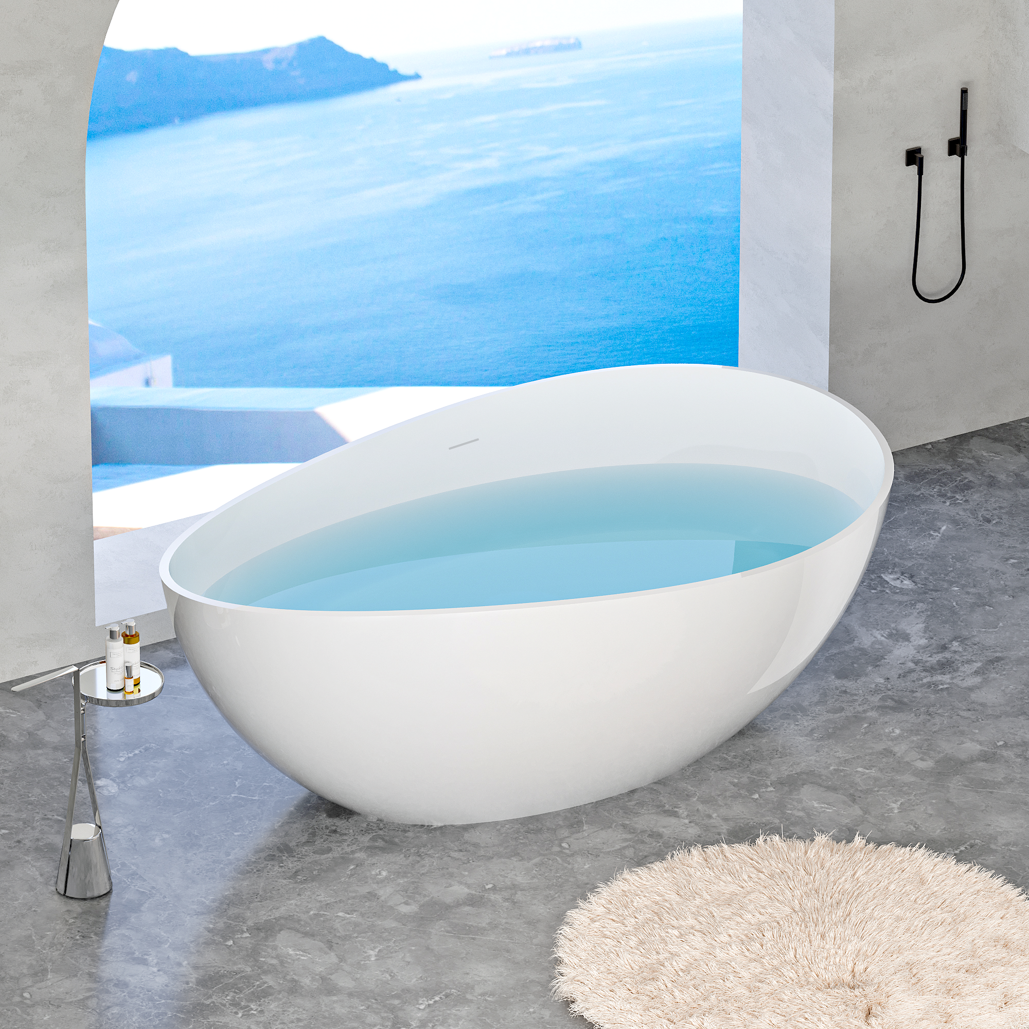 63" Freestanding Solid Surface Bathtub, Luxury Stone Resin Soaking Tub, Overflow & Drain, Glossy White