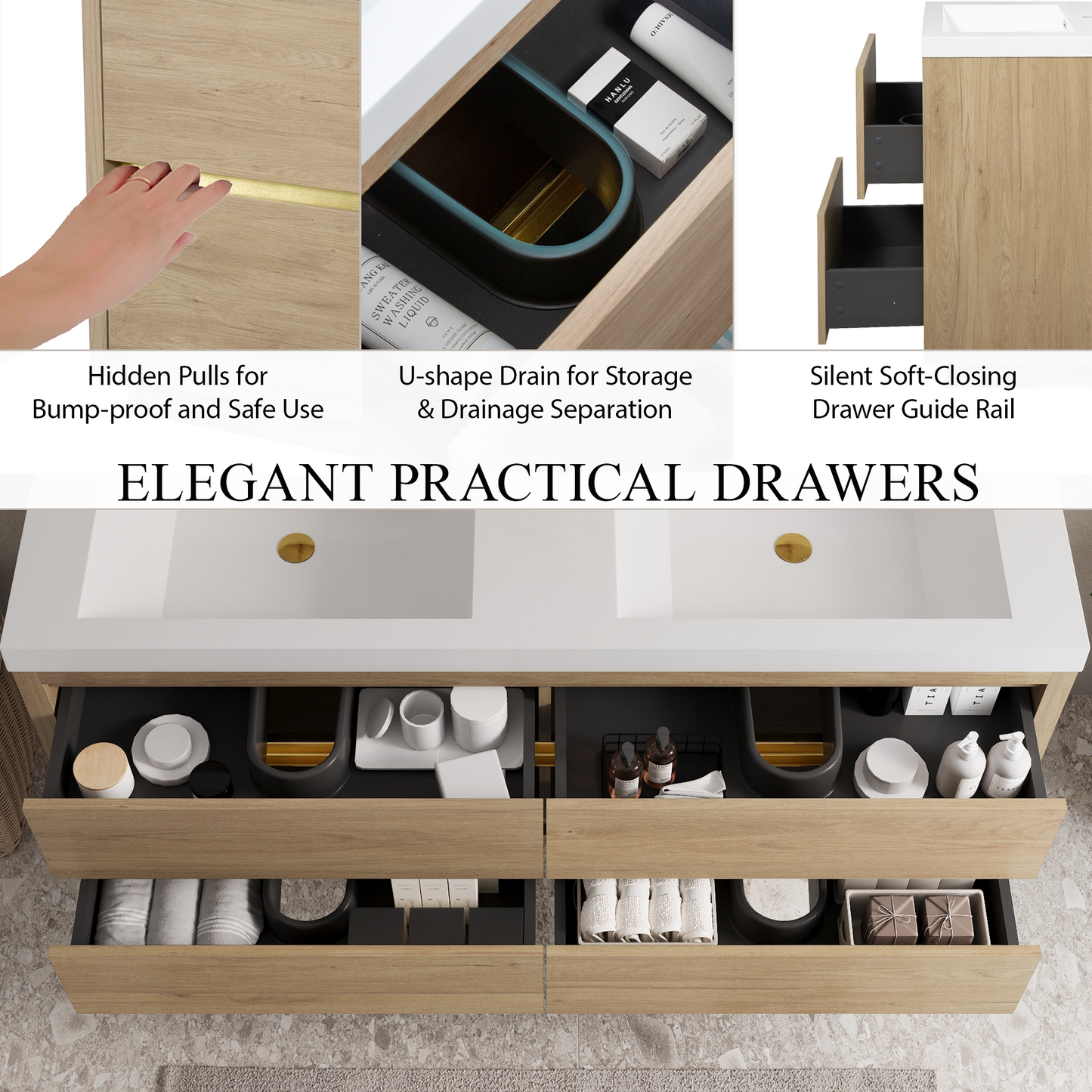 60" Aurelia - Floating Bathroom Vanity Natural Oak