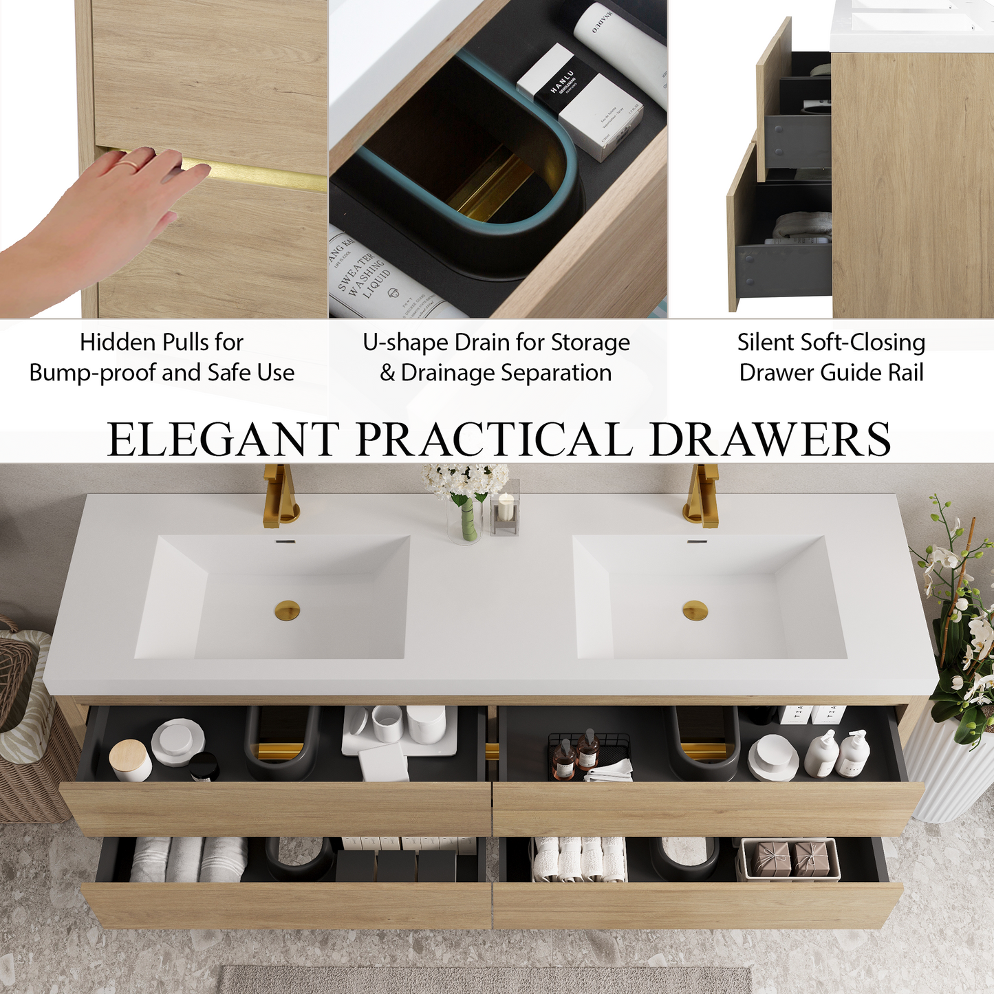72" Aurelia - Floating Bathroom Vanity Natural Oak