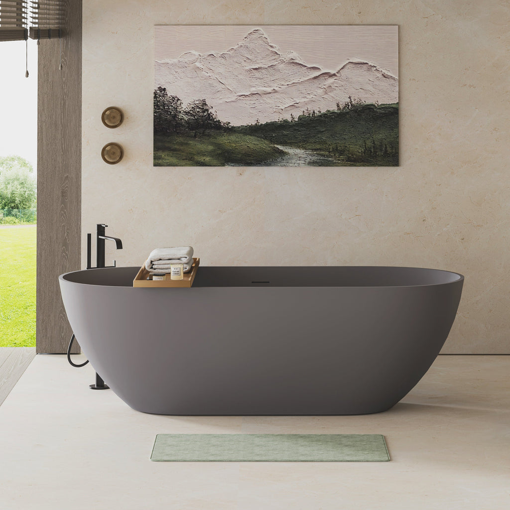 63" Freestanding Solid Surface Bathtub, Luxury Stone Resin Soaking Tub, Overflow & Drain, Matte Grey