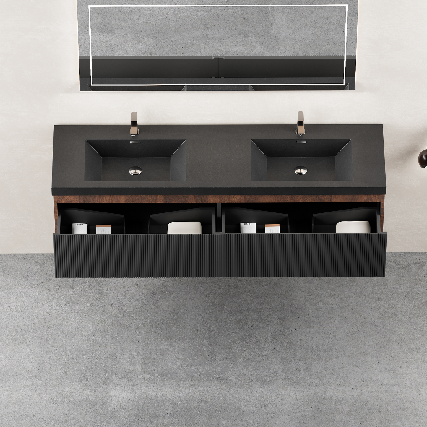 72" Liner - Floating Bathroom Vanity Integrated Double Basin Smoked Walnut & lnk Black