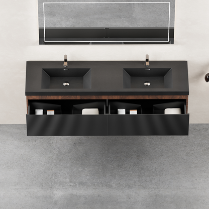 72" Liner - Floating Bathroom Vanity Integrated Double Basin Smoked Walnut & lnk Black
