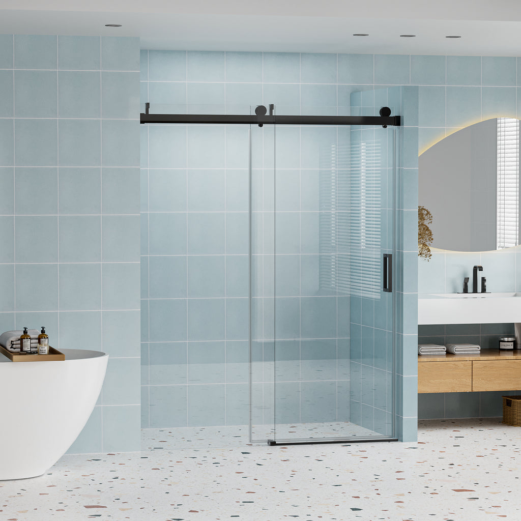 56–60" Frameless Soft-Closing Sliding Shower Door, 1/4" Tempered Glass with Safety Film, Matte Black
