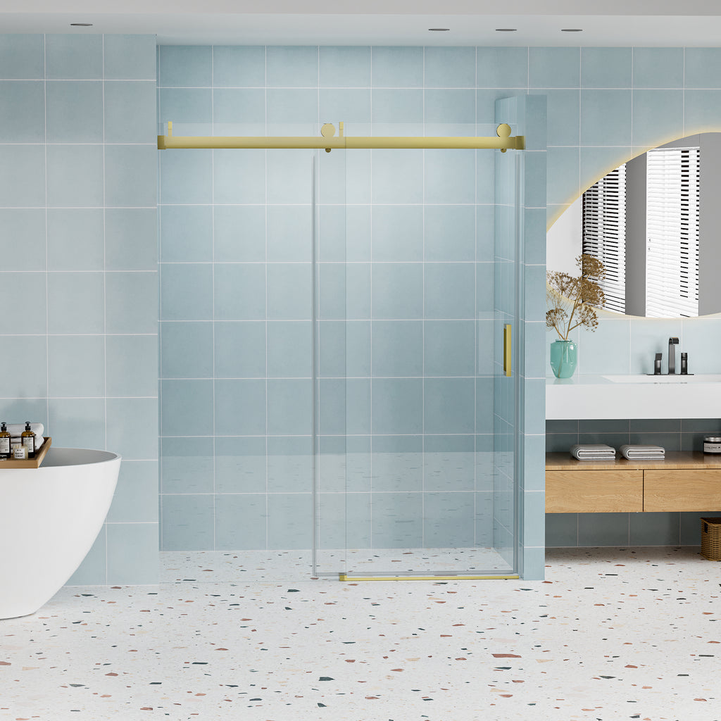 56–60" W x 76" H Frameless Soft-Closing Sliding Shower Door, 1/4" Tempered Glass, Gold