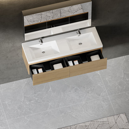 60" Liner - Floating Bathroom Vanity Integrated Double Sink Basin Natural Oak