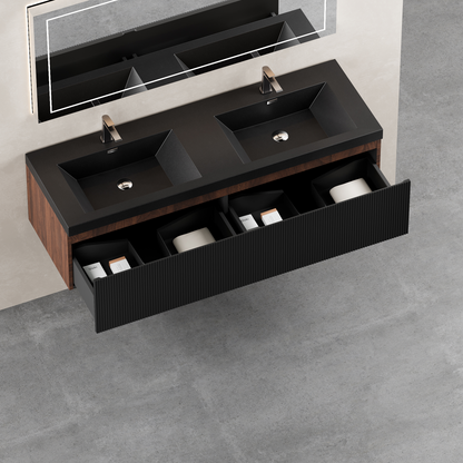 60" Liner - Floating Bathroom Vanity Integrated Double Basin Smoked Walnut & lnk Black