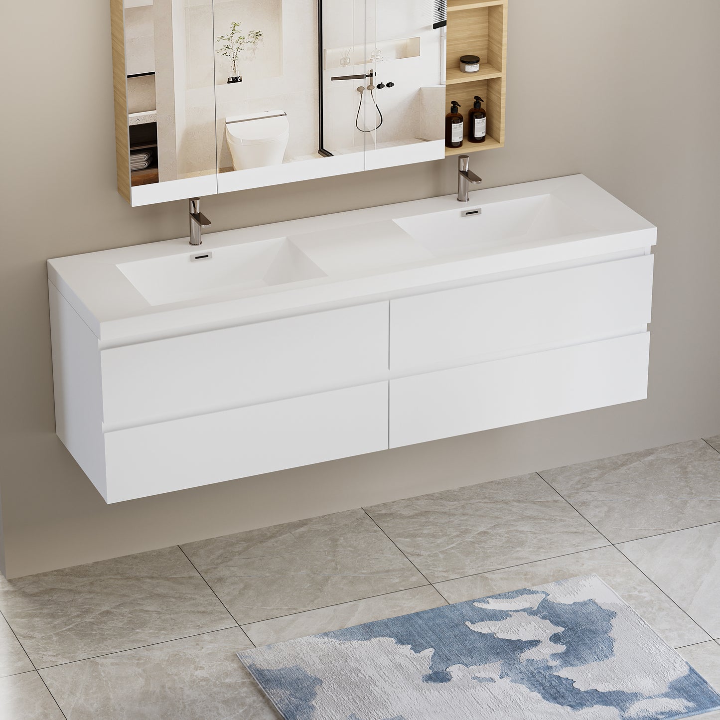 72" Angela - Floating Bathroom Vanity Double Sink Glossy White
