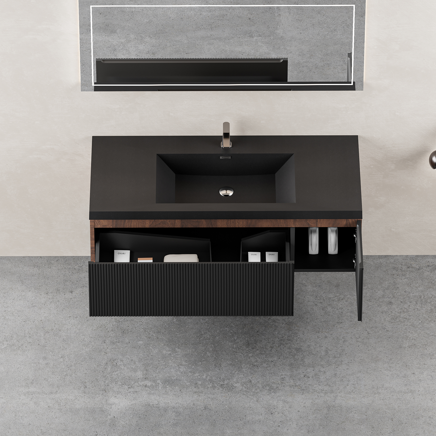 48" Liner - Floating Bathroom Vanity Smoked Walnut & lnk Black