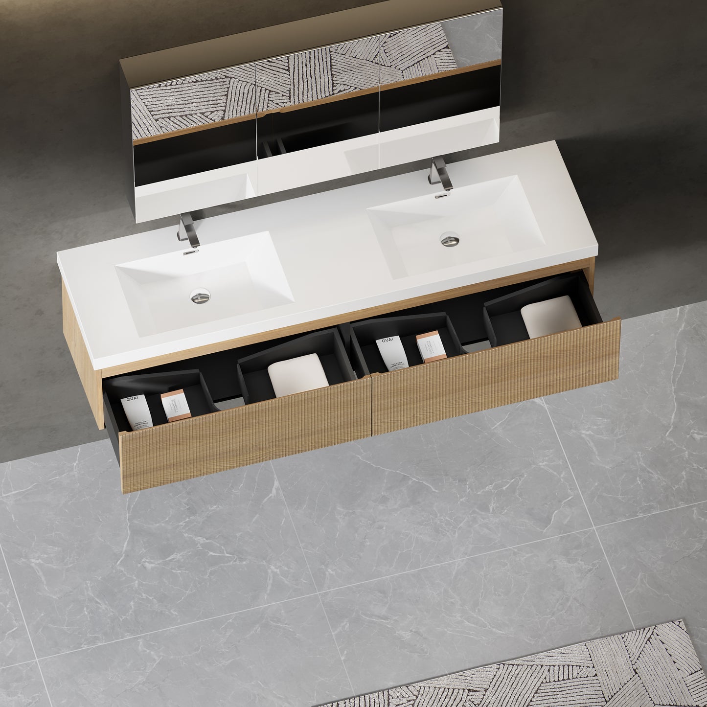 72" Liner - Floating Bathroom Vanity Integrated Double Sink Basin Natural Oak