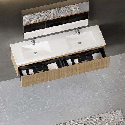 72" Liner - Floating Bathroom Vanity Integrated Double Sink Basin Natural Oak