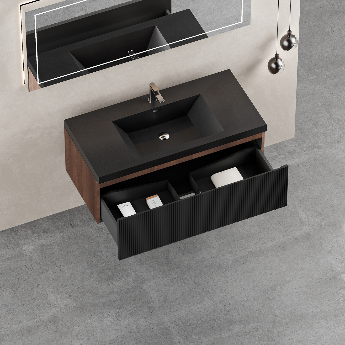 36" Liner - Floating Bathroom Vanity Smoked Walnut & lnk Black