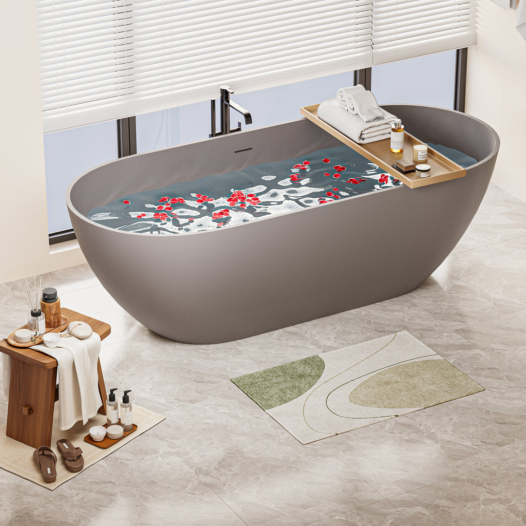 63" Freestanding Solid Surface Bathtub, Luxury Stone Resin Soaking Tub, Overflow & Drain, Matte Grey