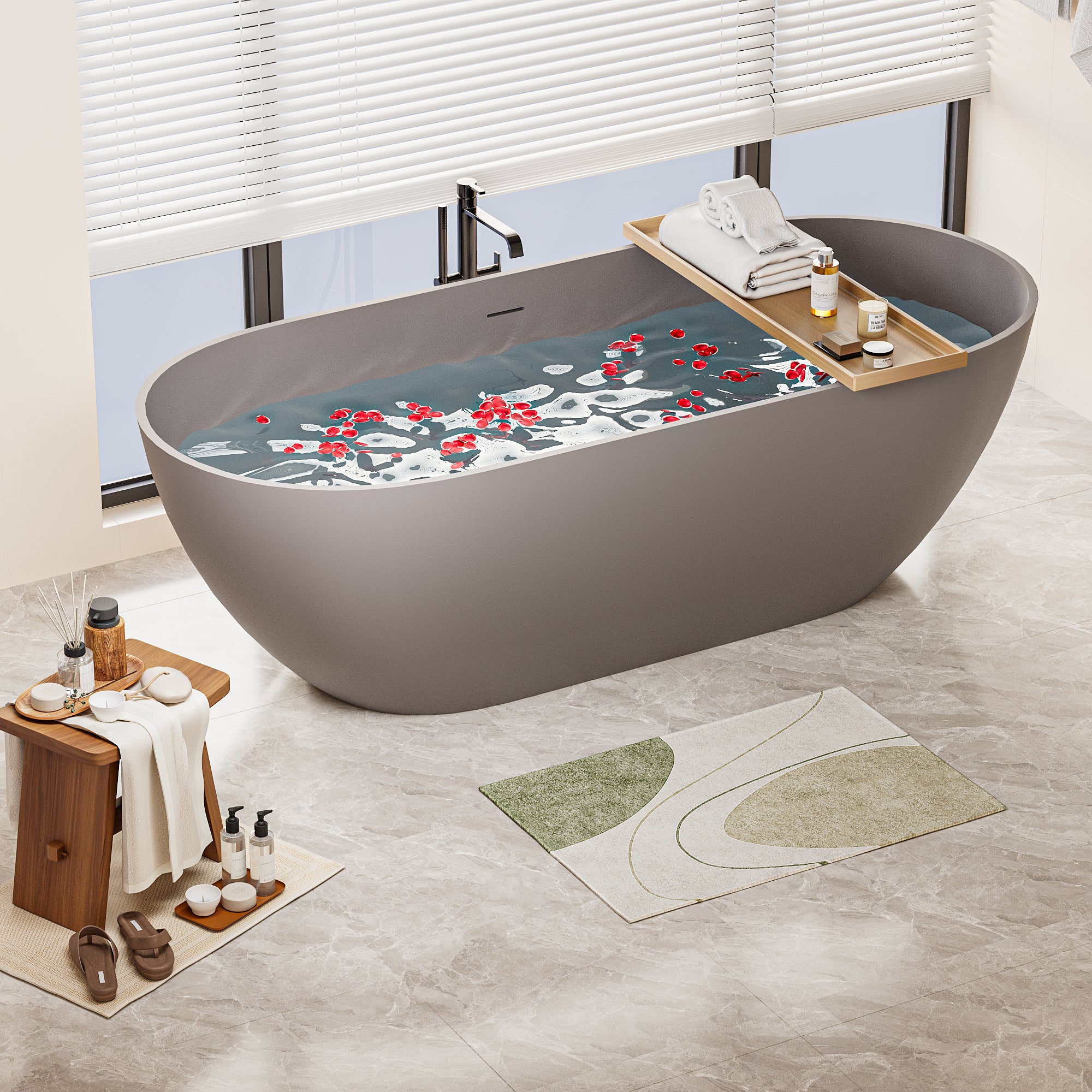 63" Freestanding Solid Surface Bathtub, Luxury Stone Resin Soaking Tub, Overflow & Drain, Matte Grey