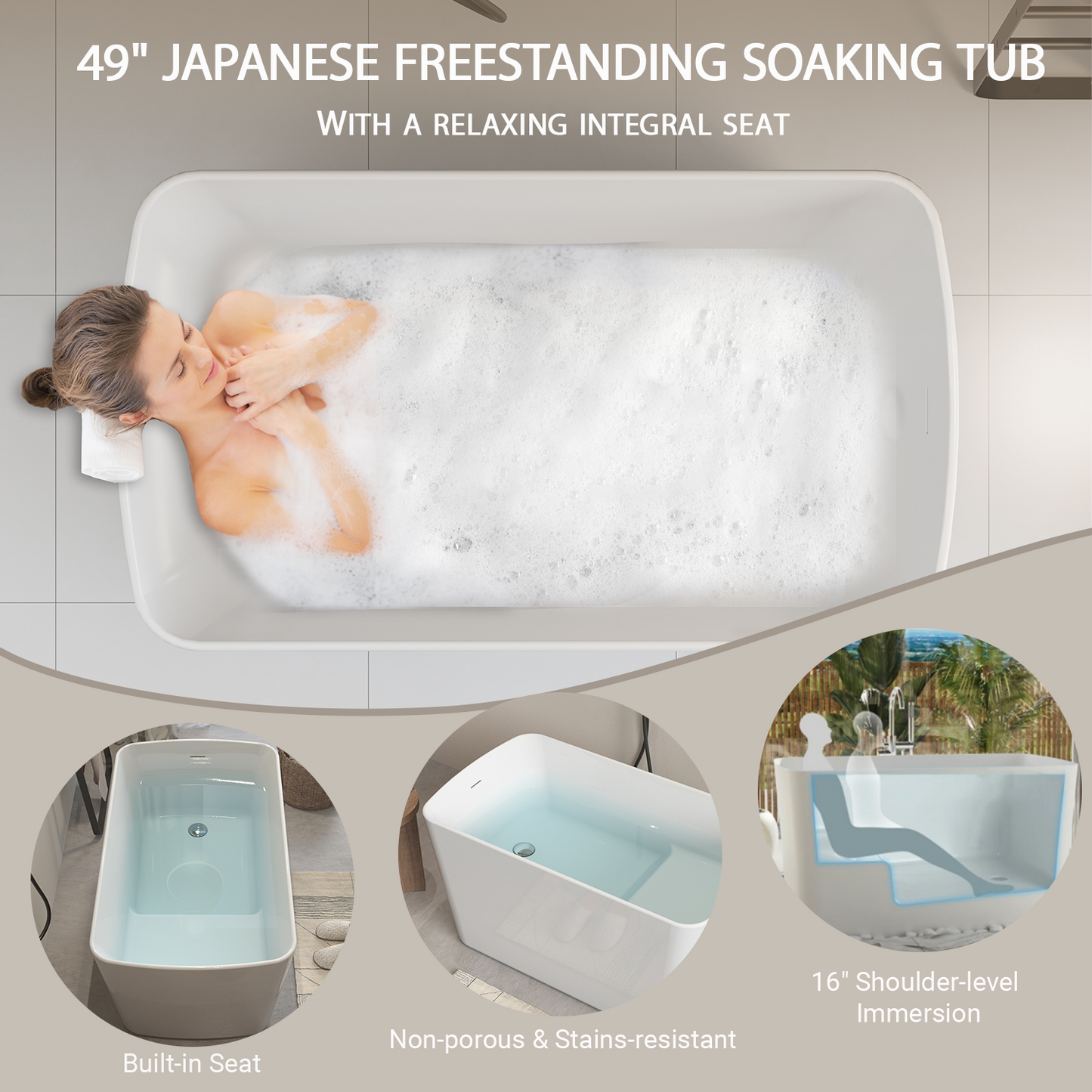49" Acrylic Freestanding Japanese Soaking Tub, Glossy White