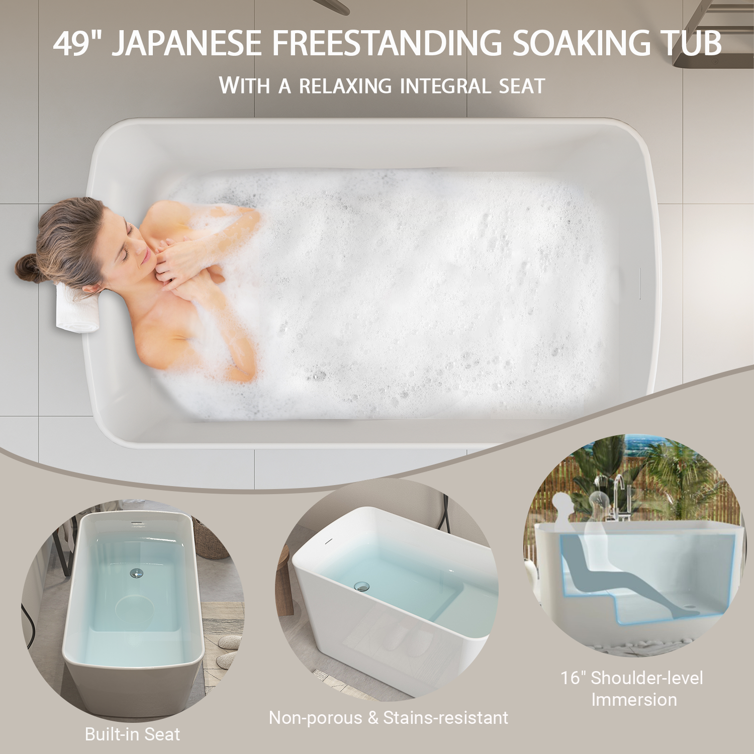49" Acrylic Freestanding Japanese Soaking Tub, Square Sit-In Design, Chrome Overflow & Drain, Glossy White