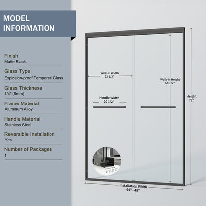44" - 48" W x 72" H Semi-Frameless Double Sliding Shower Door, D03-48