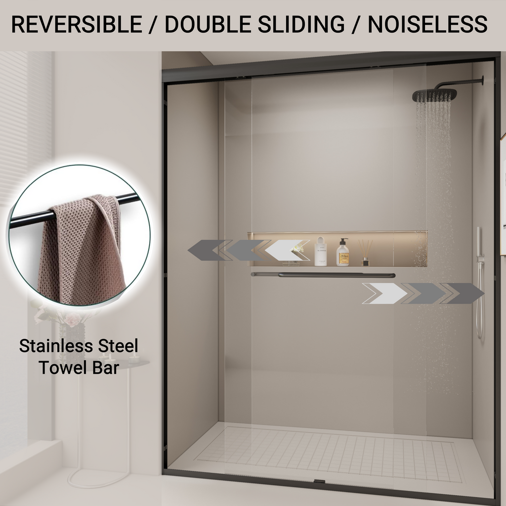 44–48" W x 72" H Double Sliding Shower Door, Semi-Frameless Bypass, 1/4" Tempered Glass, Matte Black