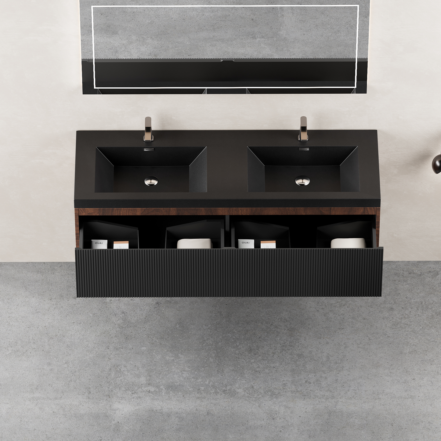 60" Liner - Floating Bathroom Vanity Integrated Double Basin Smoked Walnut & lnk Black