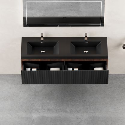 60" Liner - Floating Bathroom Vanity Integrated Double Basin Smoked Walnut & lnk Black