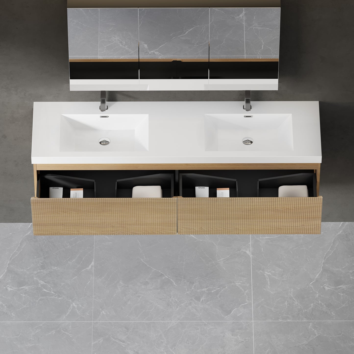 72" Liner - Floating Bathroom Vanity Integrated Double Sink Basin Natural Oak
