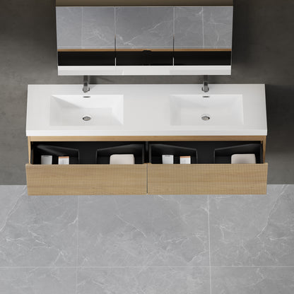 72" Liner - Floating Bathroom Vanity Integrated Double Sink Basin Natural Oak