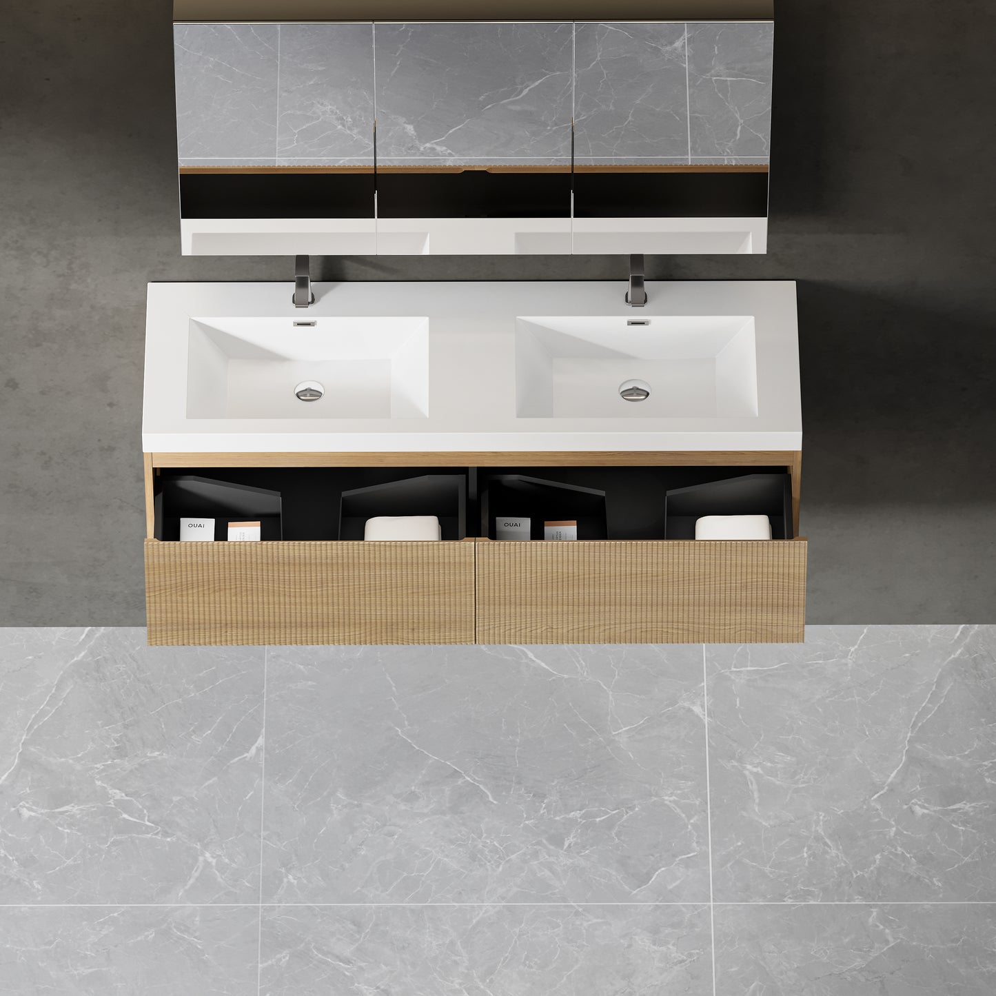 60" Liner - Floating Bathroom Vanity Integrated Double Sink Basin Natural Oak