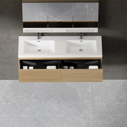 60" Liner - Floating Bathroom Vanity Integrated Double Sink Basin Natural Oak