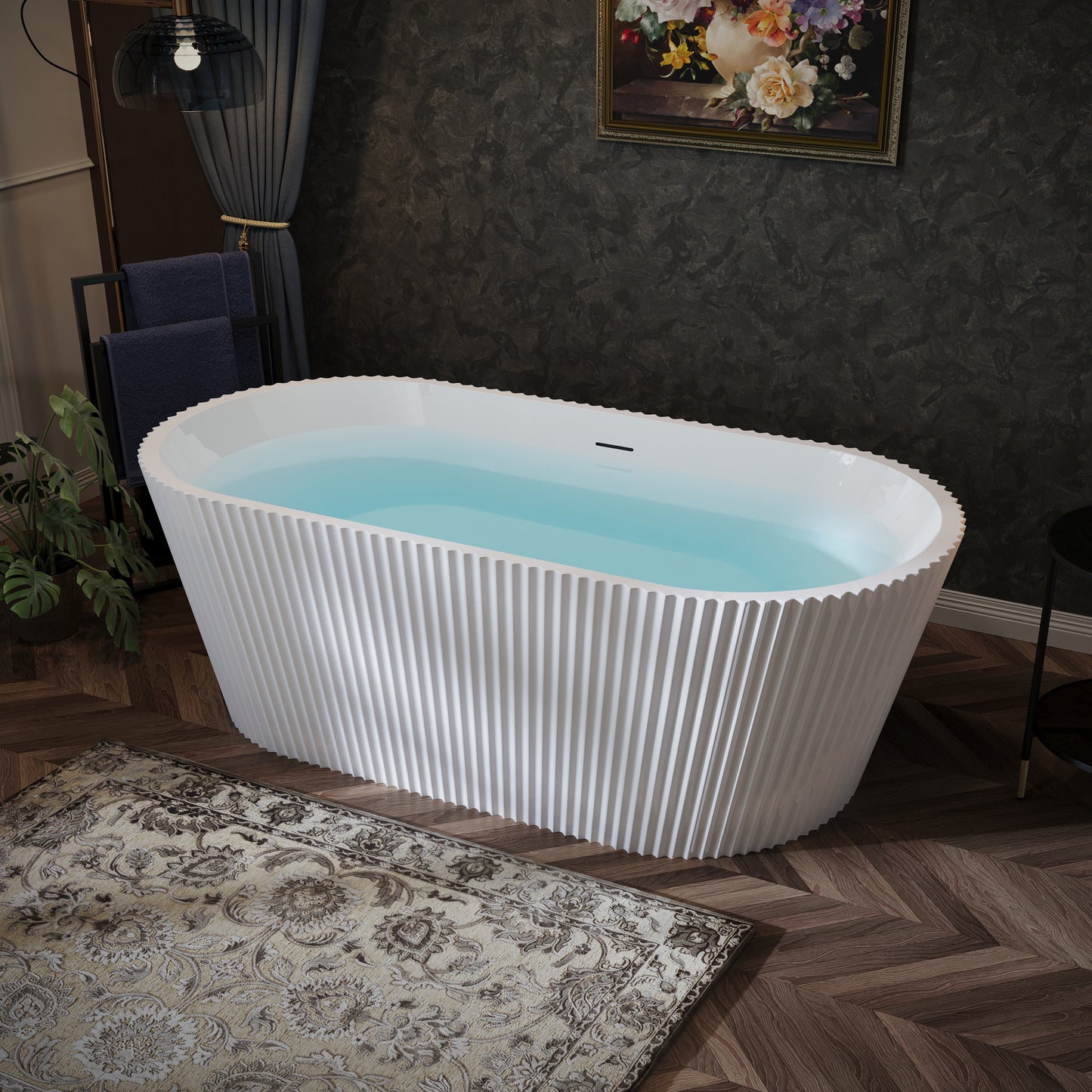 67" Fluted Acrylic Freestanding Soaking Bathtub, Glossy White A13
