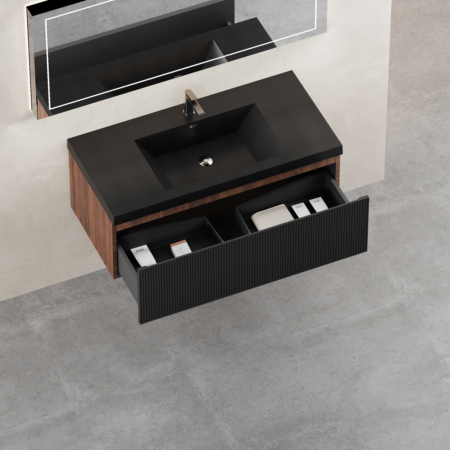 42" Liner - Floating Bathroom Vanity Smoked Walnut & lnk Black