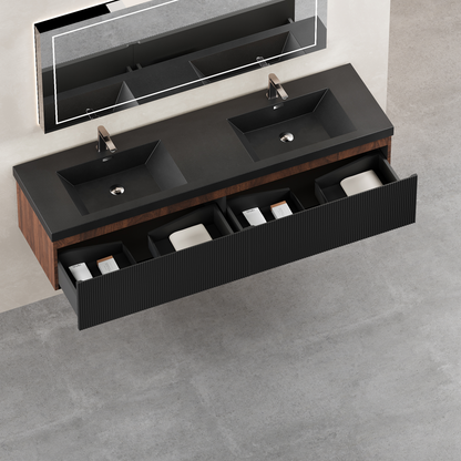72" Liner - Floating Bathroom Vanity Integrated Double Basin Smoked Walnut & lnk Black