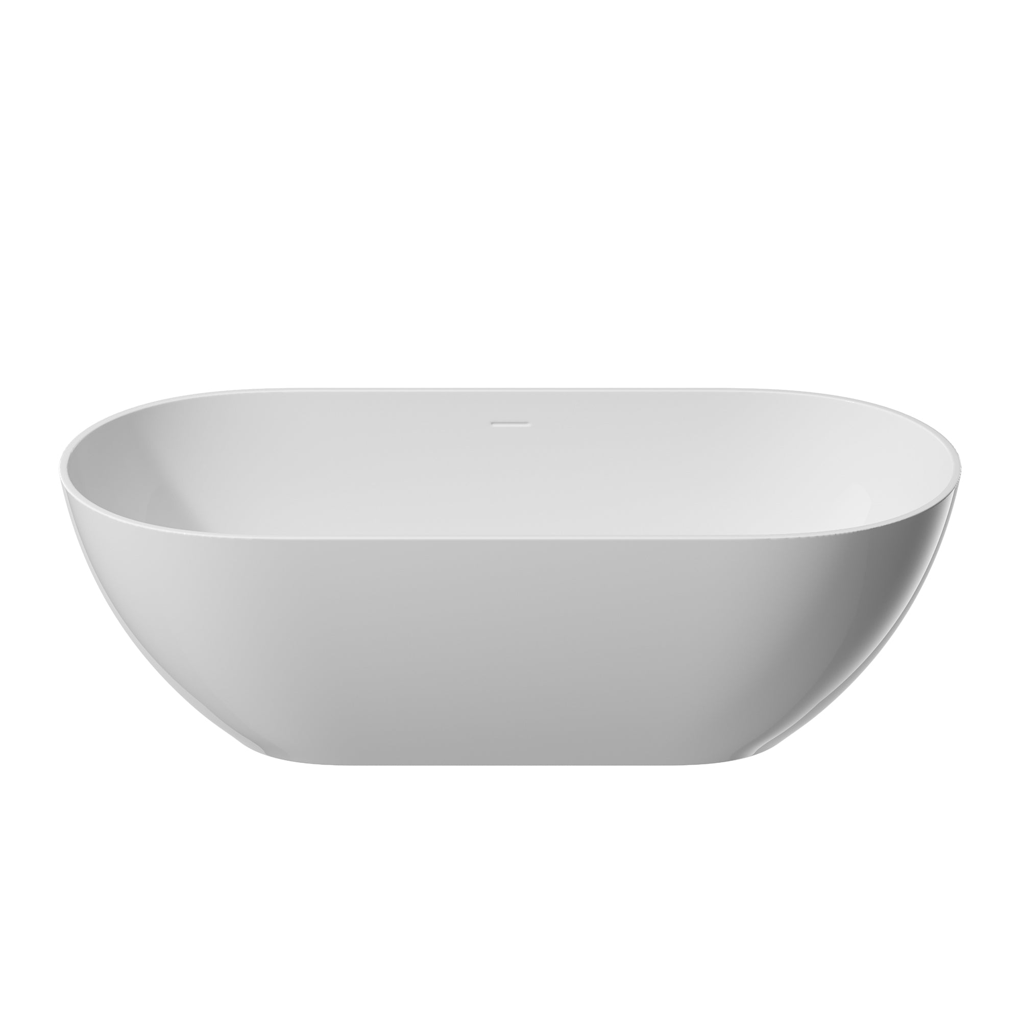 59" Freestanding Solid Surface Bathtub, Glossy White Man-Made Stone Resin Soaking Tub, Overflow & Drain