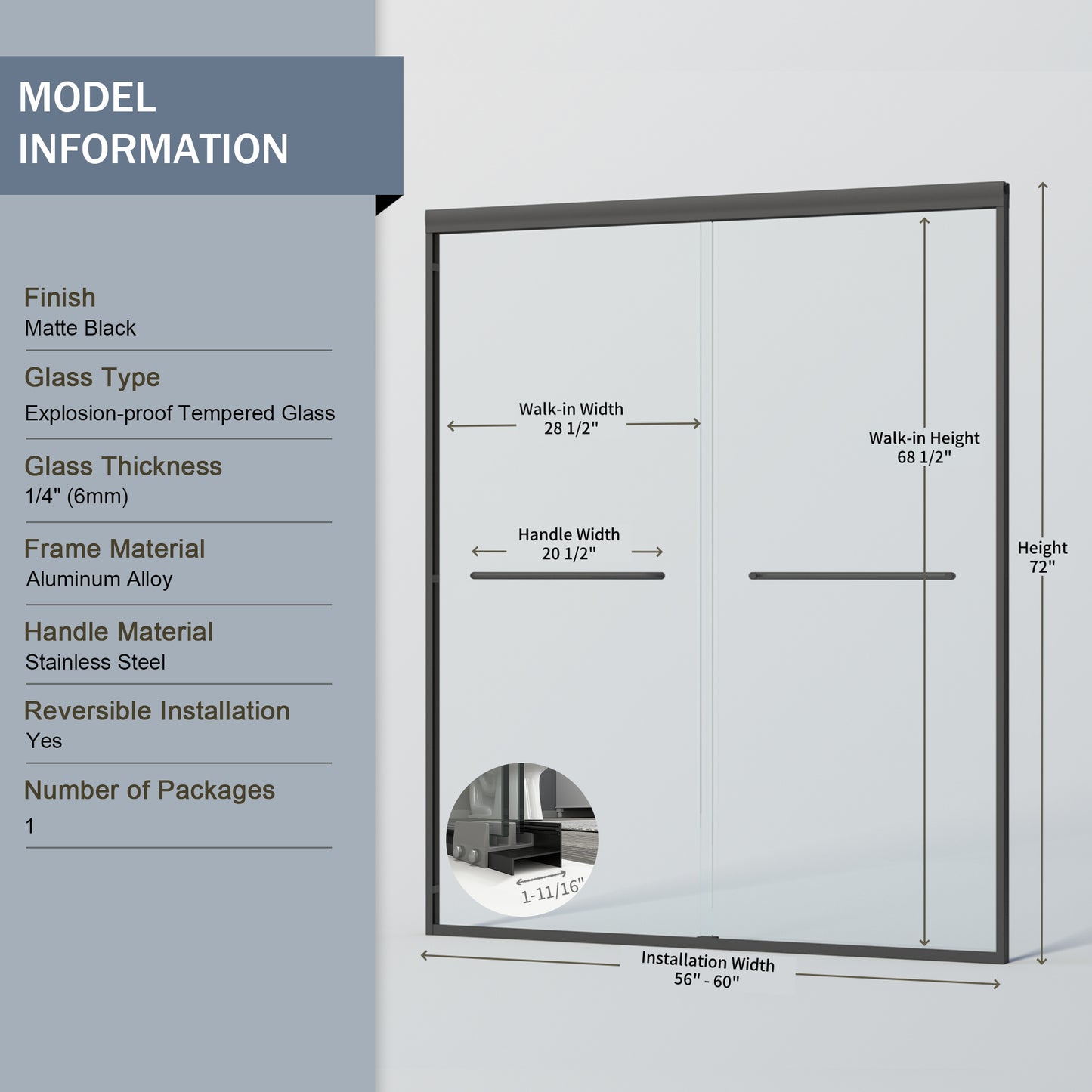 56" - 60" W x 72" H Semi-Frameless Double Sliding Shower Door, D03-60
