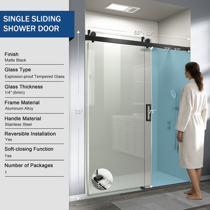 56" – 60" W x 76" H Frameless Soft-Close Single Sliding Shower Door, D01-60