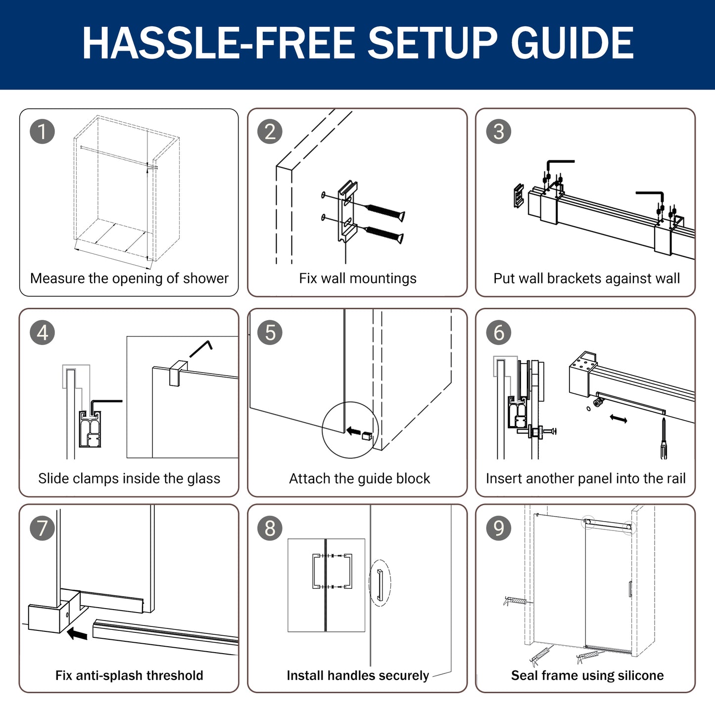 56" – 60" W x 76" H Frameless Soft-Close Single Sliding Shower Door, D01-60